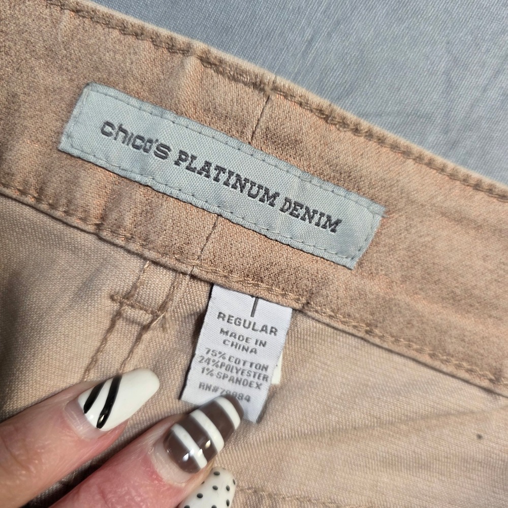 Chico's Platinum Denim Rose Gold Peach Beige Straight Leg Jeans Stretch 1 / 8 - Picture 5 of 12